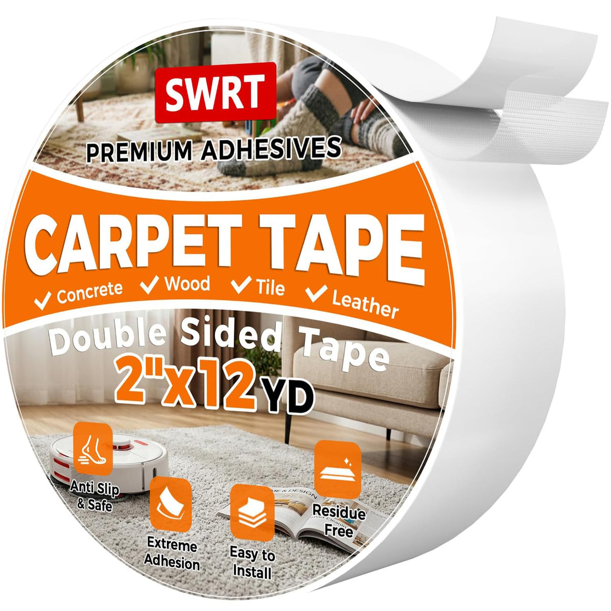 Double Sided Carpet Tape for Hardwood Floors & Area Rugs, 2" x 12YD