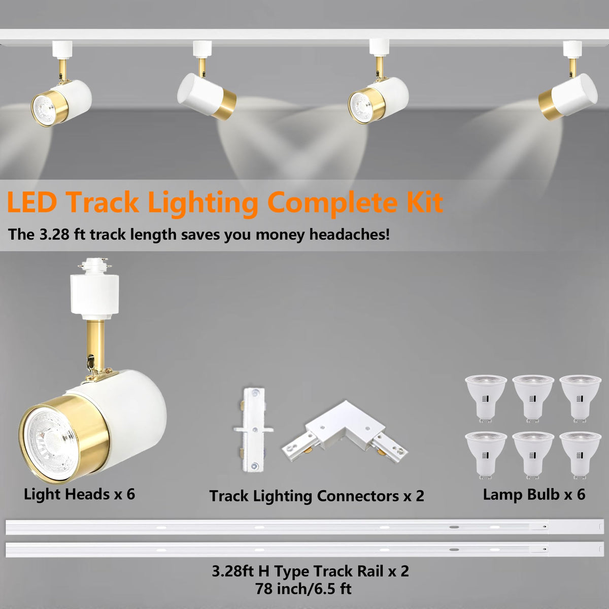 Adjustable GU10 LED H Type Track Lighting Kit Dimmable White Golden