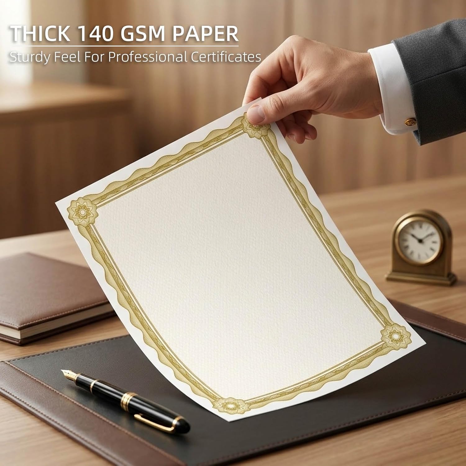 Certificate Paper with Gold Border, 50 Sheets, 8.5 x 11 Inch, 140 GSM | Thick Letter Size Certificate Paper for