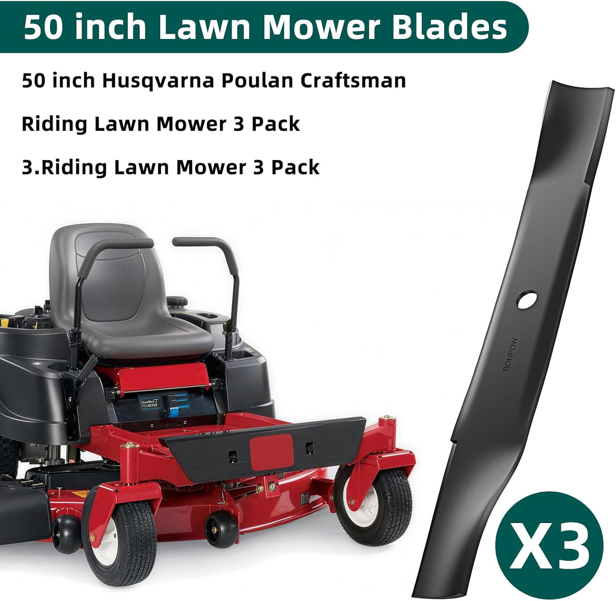 RONPOW 115-5059-03/79016P Lawn Mower Blades Compatible with Toro Timecutter 50 Inch SS5000, SS5060, MX5050, MX5060, Exmark Quest S/E, High Lift Zero Turn Blade, Replaces 110-6837-03 112-9759-03, 3Pack