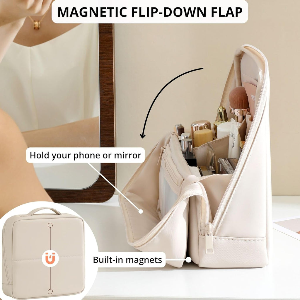 Travel Makeup Bag with Magnetic Fold-Down Flap, Waterproof Leather Cosmetic and Toiletry Organizer for Women