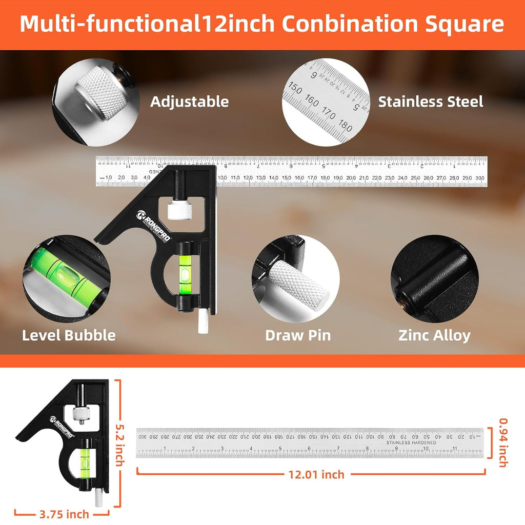 Aluminum Alloy 12in Carpenter Square and 12in Zinc-Alloy Combination Square Set, CNC-Machined with Woodworking