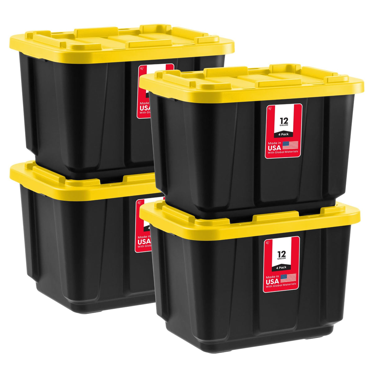 4-Pack 12 Gal Heavy Duty Storage Tote Bins with Lids, Black/Yellow