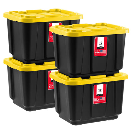 4-Pack 12 Gal Heavy Duty Storage Tote Bins with Lids, Black/Yellow