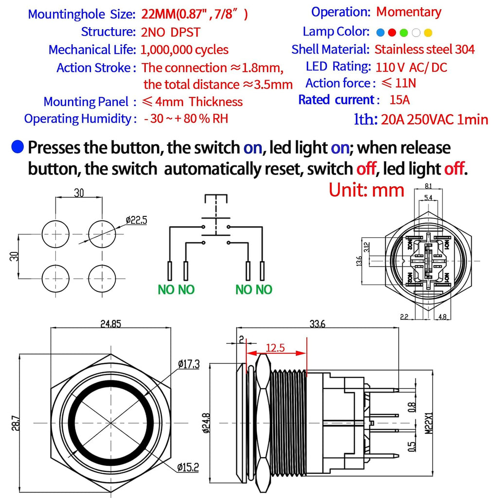 UL Listed 15Amp 22mm Momentary Push Button Switch, IP67 Waterproof, DPST 2NO, Stainless Steel 304, On Off Switch with Wire Socket, 110V Red LED.