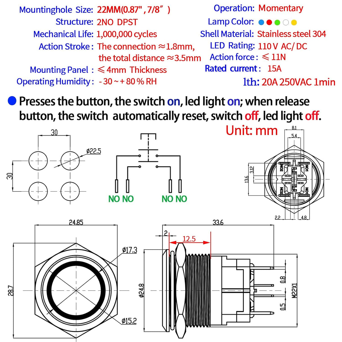 UL Listed 15Amp 22mm Momentary Push Button Switch, IP67 Waterproof, DPST 2NO, Stainless Steel 304, On Off Switch with Wire Socket, 110V Red LED.