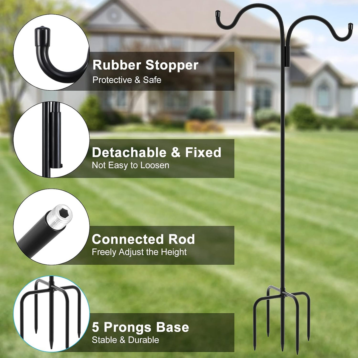 Double Shepherds Hook for Outdoor, 108 Inch Bird Feeder Pole with 5 Prongs Base, 5/8 Inch Thick Heavy Duty Adjustable