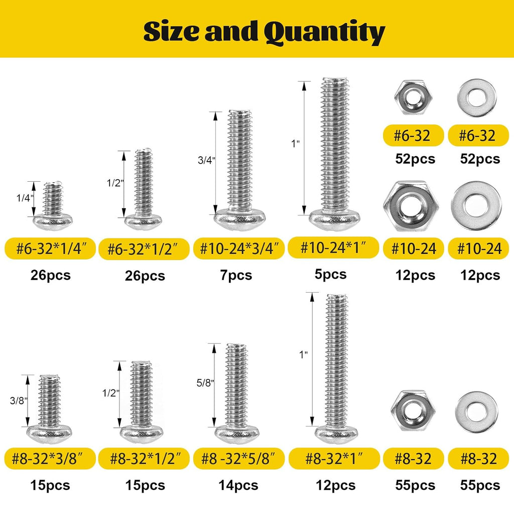 358PCS #6-32#8-32#10-24 Pan Head Machine Screws Nuts Assortment Kit