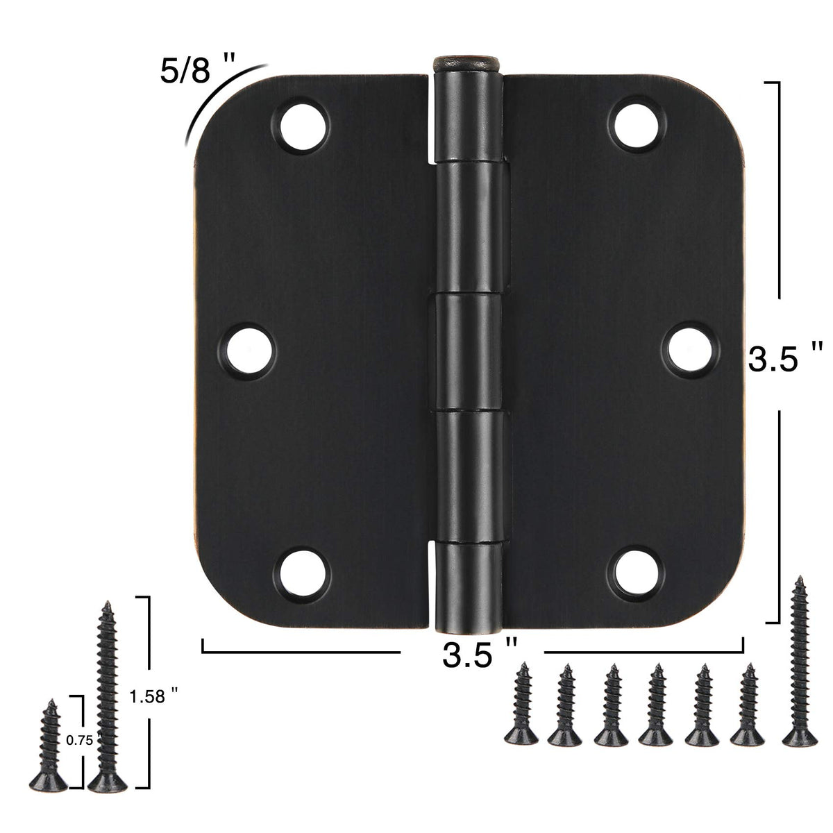 6 Pack Matte Black Interior Door Hinges 3.5" Rounded 5/8" Radius Corners