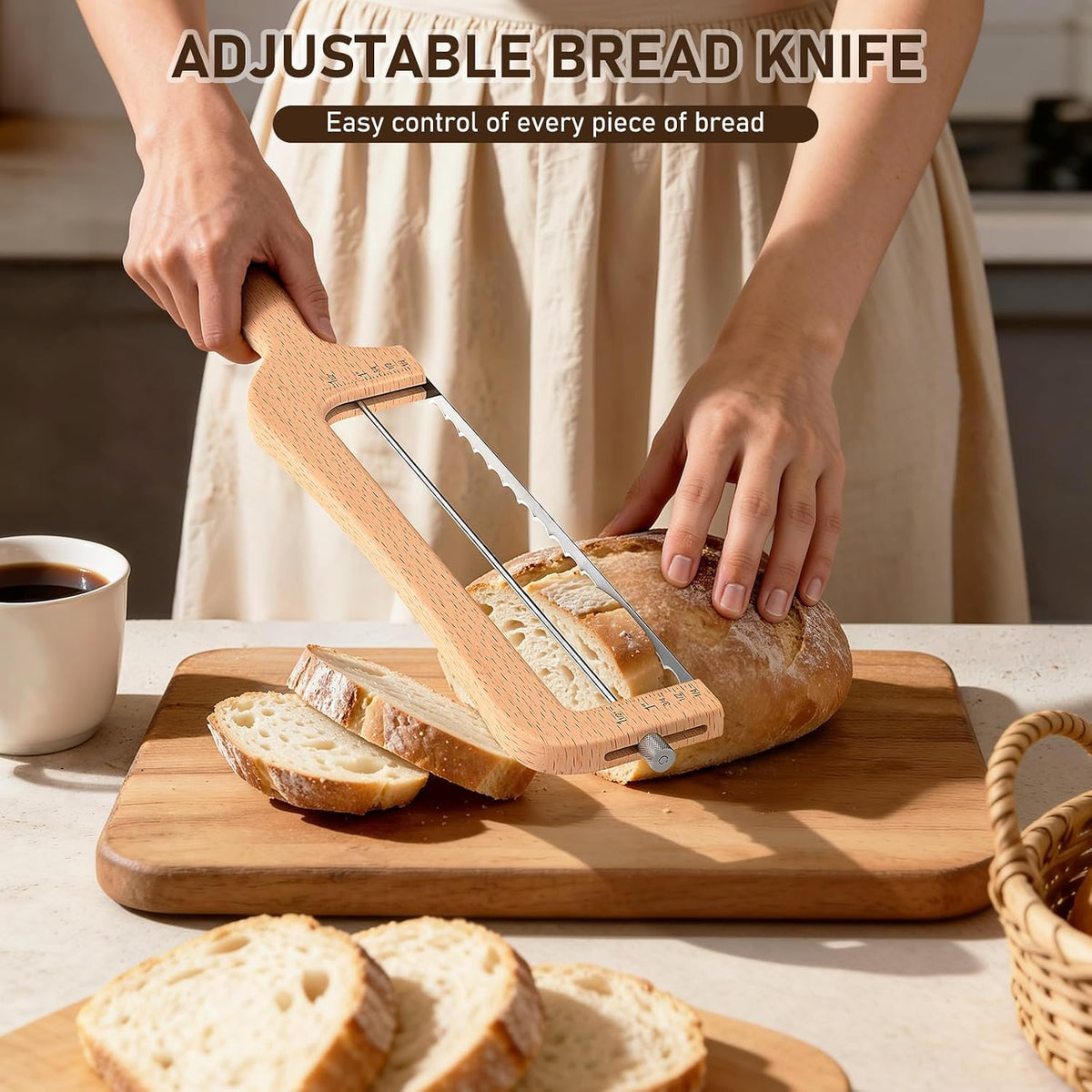 Adjustable Bread Slicer for Home Use, Wooden Sourdough Bread Knife for Homemade Bread with Bow Design, Premium