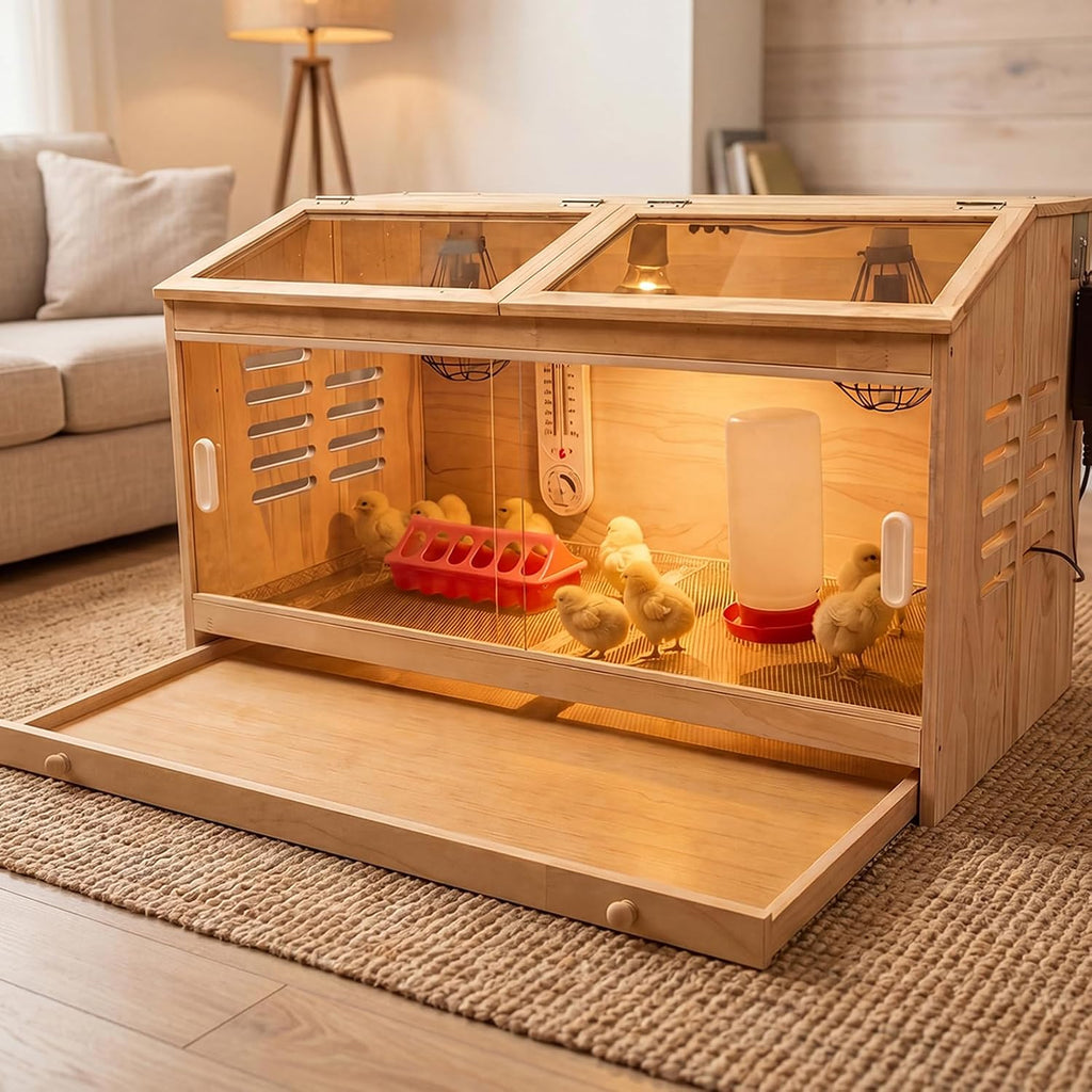 Chicken Brooder Box for Chicks with Adjustable Heating Lamps, Large Wooden Indoor Chick Brooder with Pull-Out Tray