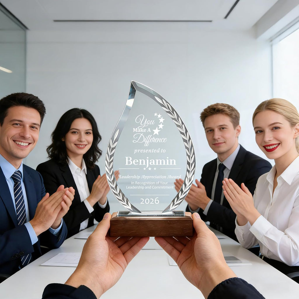 SHIP NEXT DAY, Personalized Crystal Award Trophy - Custom with Company Logo Text & Employee Name, Engraved Award for