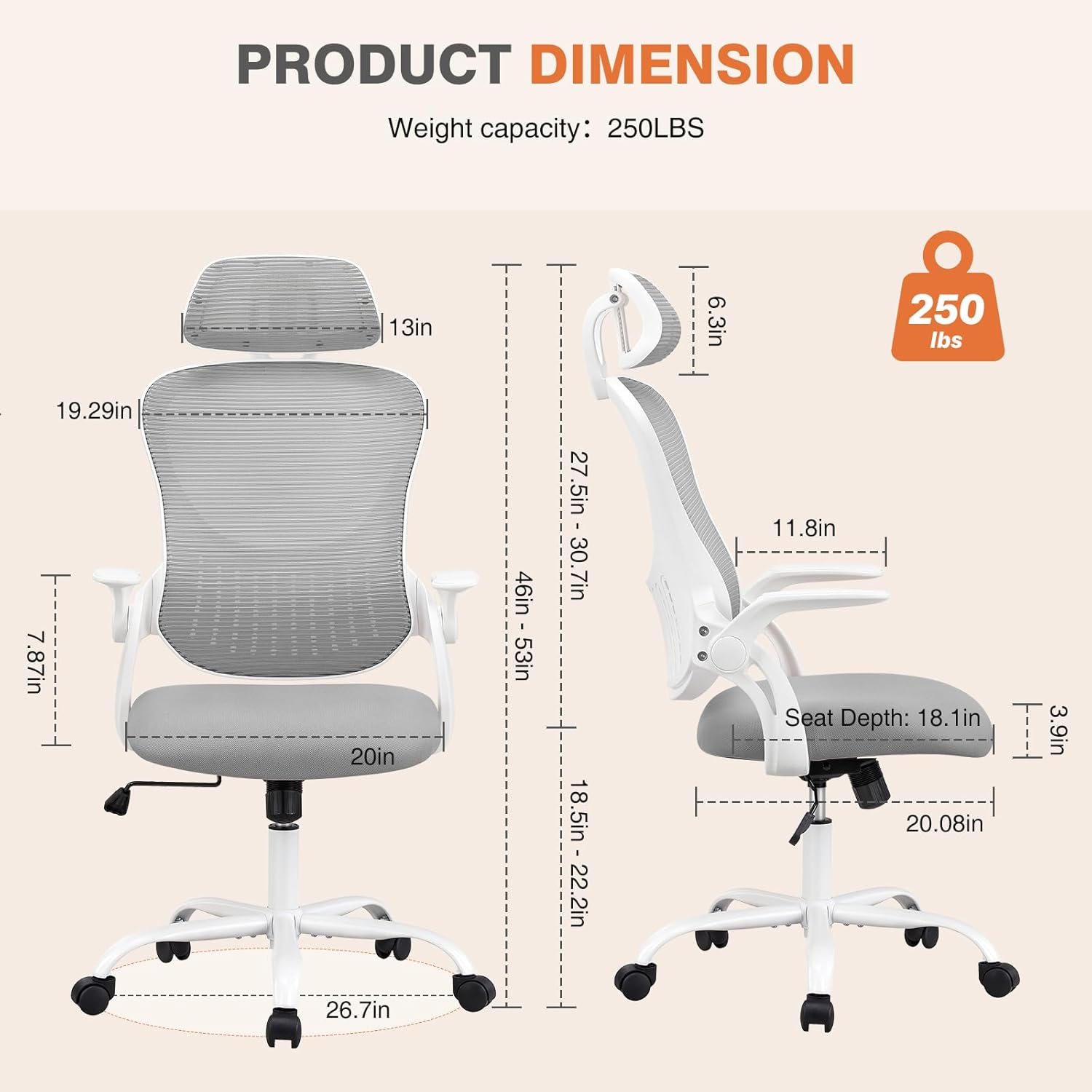 Home Office Desk Chair, Ergonomic High-Back Mesh Rolling Work Computer Chairs with Wheels and Adjustable Headrests