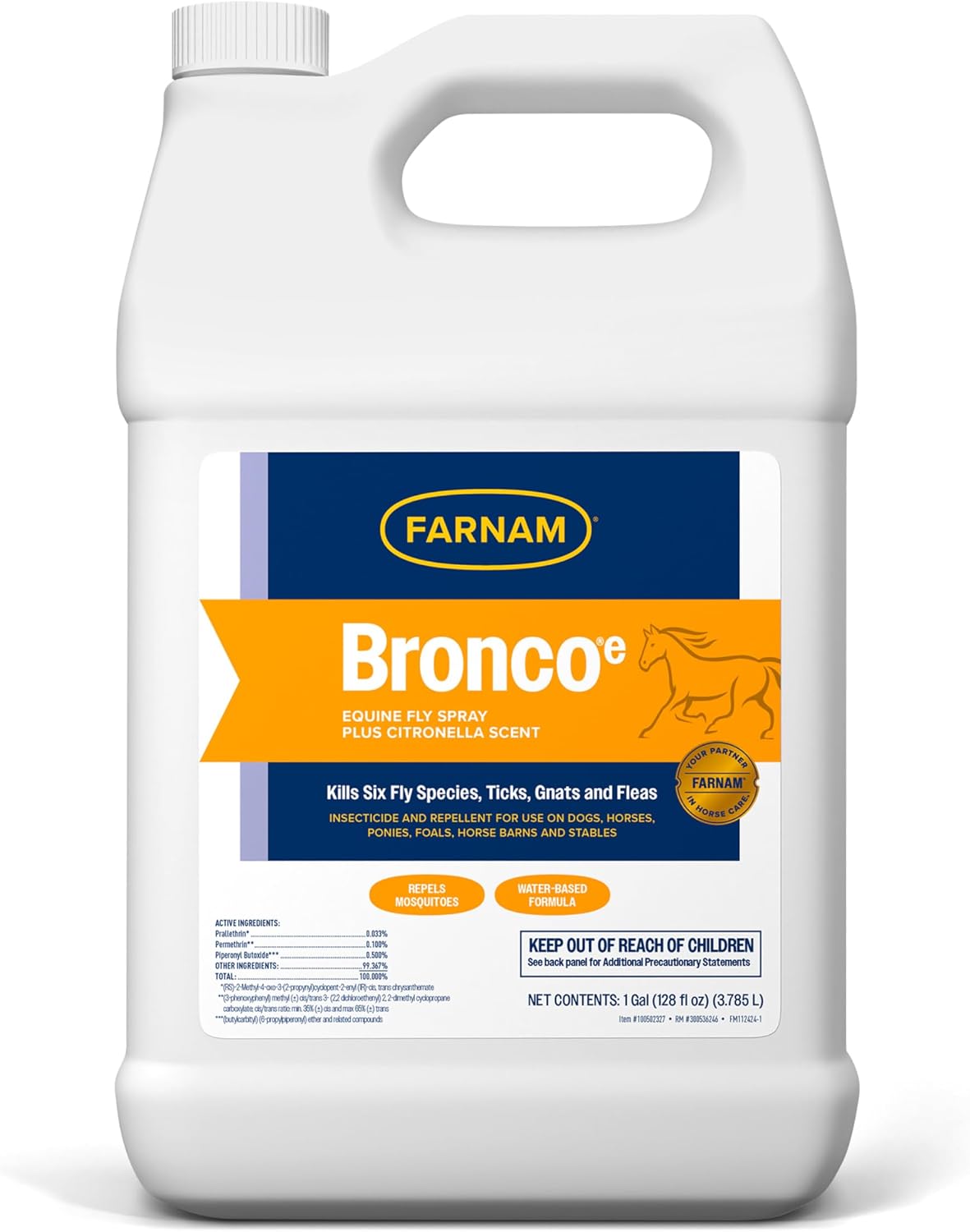 Broncoe Fly Spray Plus Citronella for Horses, Dogs, Premises, 128 oz