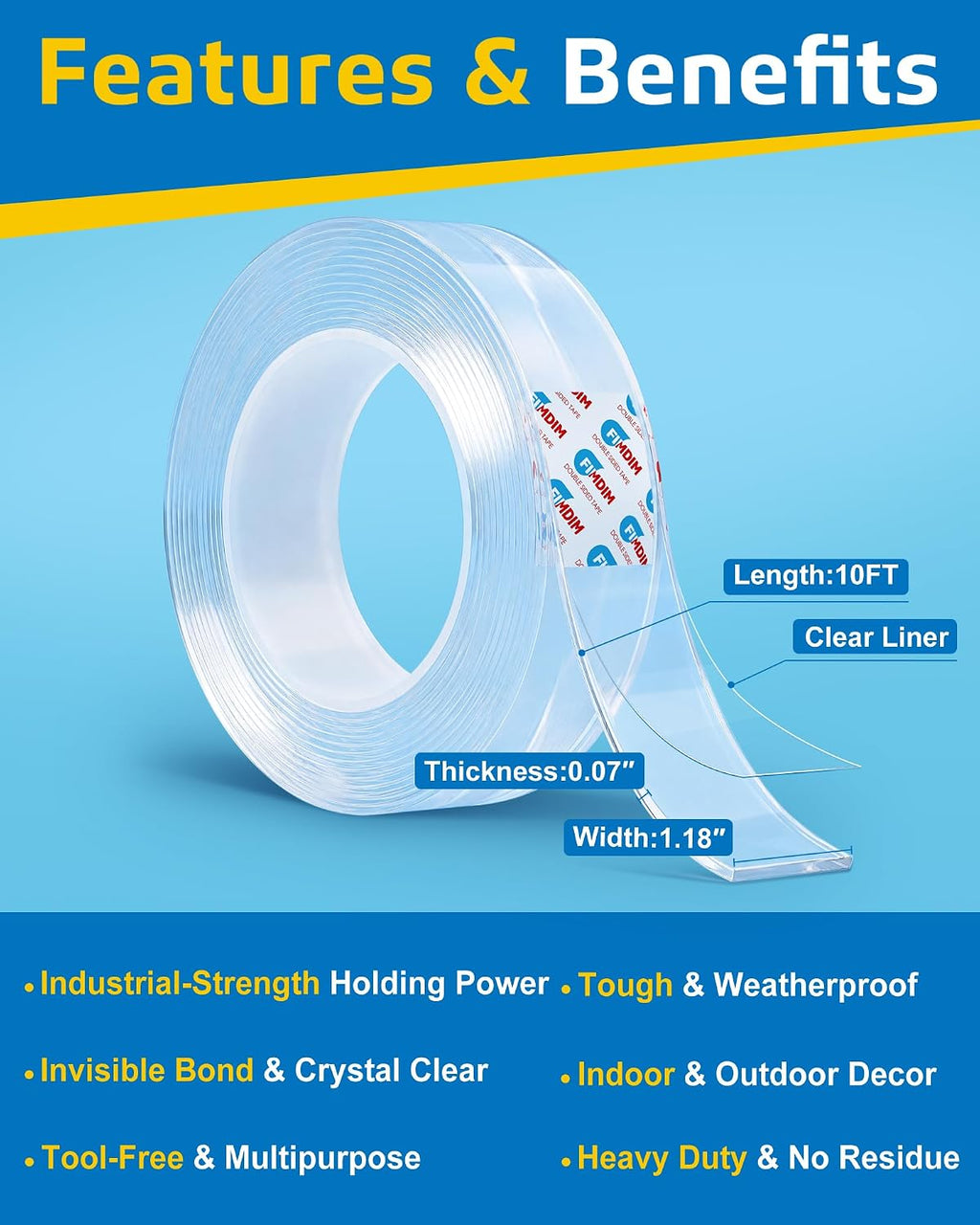Double Sided Tape Heavy Duty, Nano Adhesive Mounting Tape (10FT)
