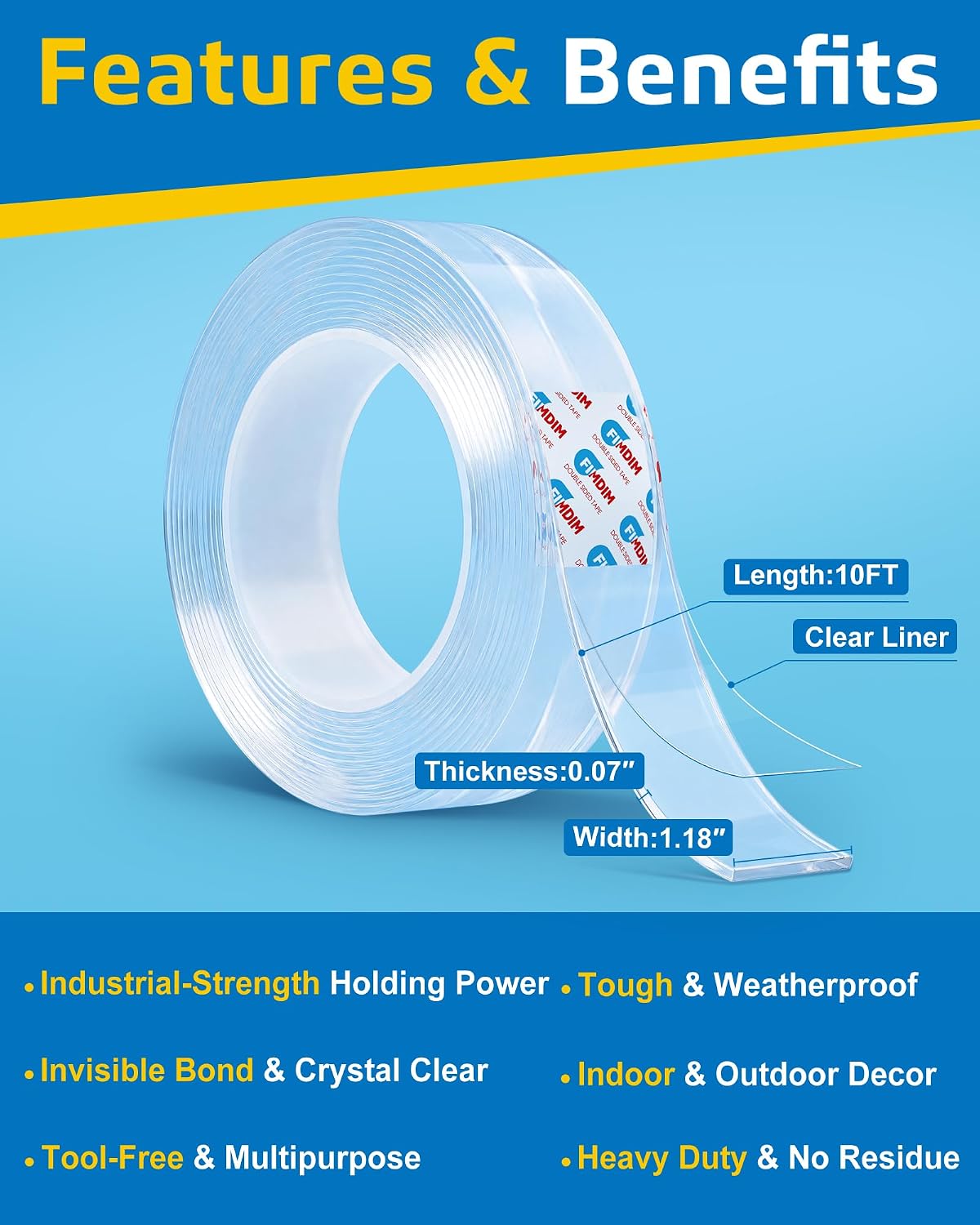 Double Sided Tape Heavy Duty, Nano Adhesive Mounting Tape (10FT)