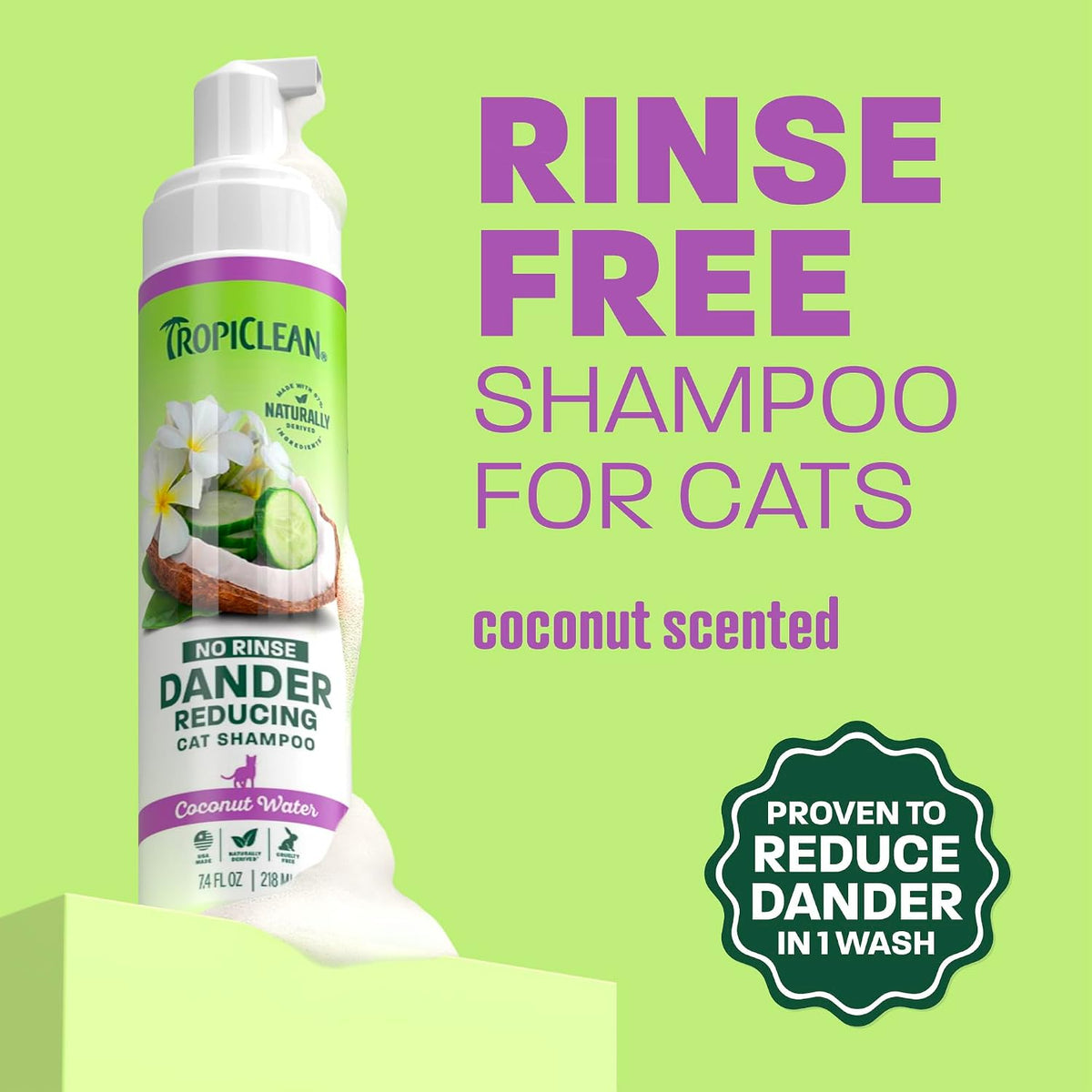 No Rinse Waterless Cat Shampoo, Dander Reducing, 7.4oz