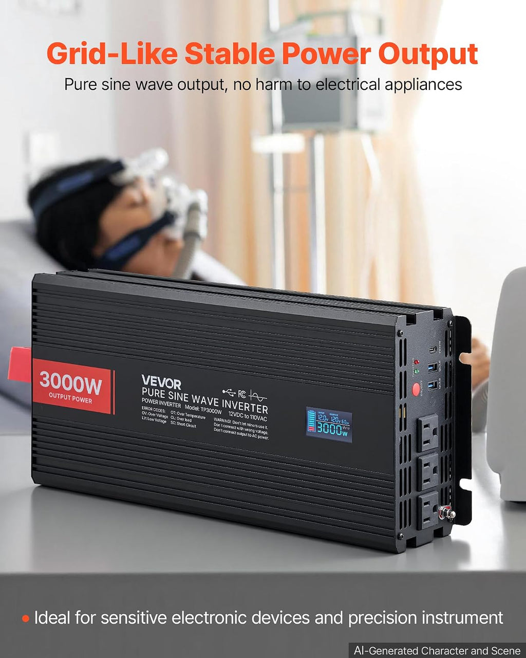 Pure Sine Wave Inverter 3000 Watts 12V DC to 120V AC Power Inverter | with 3 AC, 2 USB, Type-C, LCD Screen and Remote