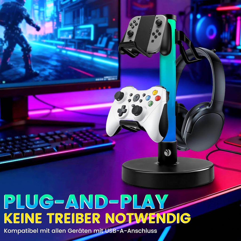 COM Headphone Stand with 17 Light Modes, Gaming Controller Holder with Remote Control, PC Gaming Accessories for