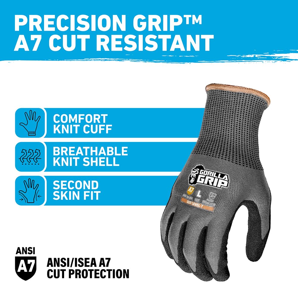 A7 Cut Resistant Work Gloves, Large, 1 Pair, Black and Gray
