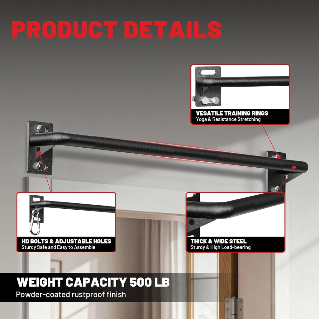 Wall Mounted Pull Up Bar, Chin Up Bar for Home Gym Strength Training | PAPABABE Sturdy Anti-Slip, Knurled Grip, Quick