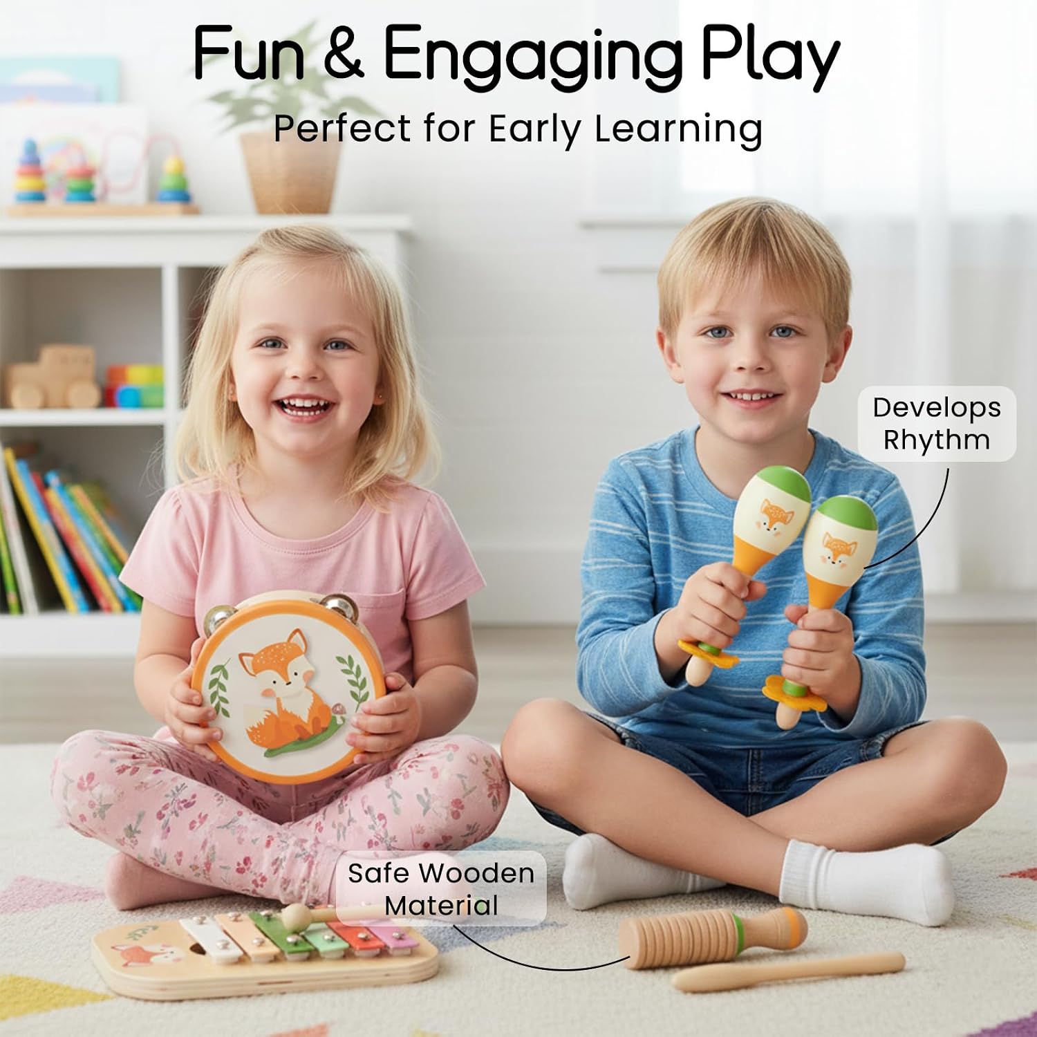 Wooden Musical Instruments Set for Toddlers 1-3, Montessori Toys | Natural Wood Percussion Instruments Xylophone Gift