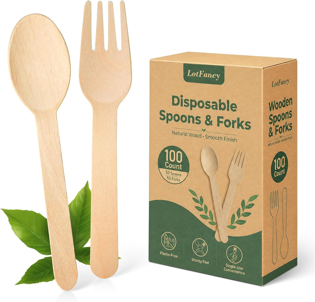 100 Wooden Disposable Cutlery Set, Compostable Forks and Spoons
