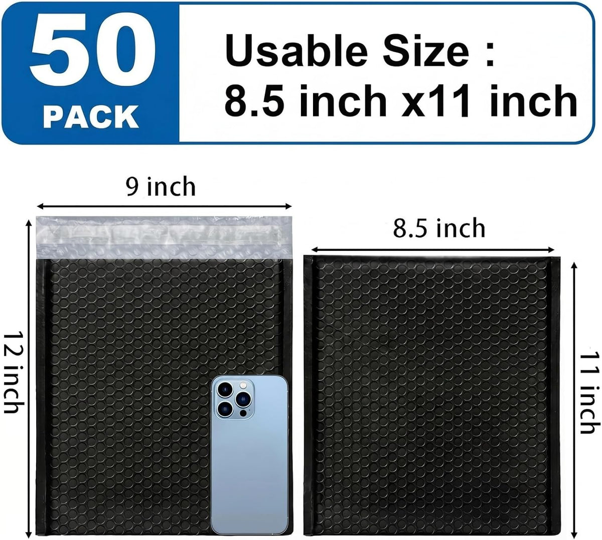 50 Pack Bubble Mailers 8.5 x 12", Usable Size 8.5 x 11" Self Seal Padded Envelopes Opaque Poly Wrap Bubble Bags