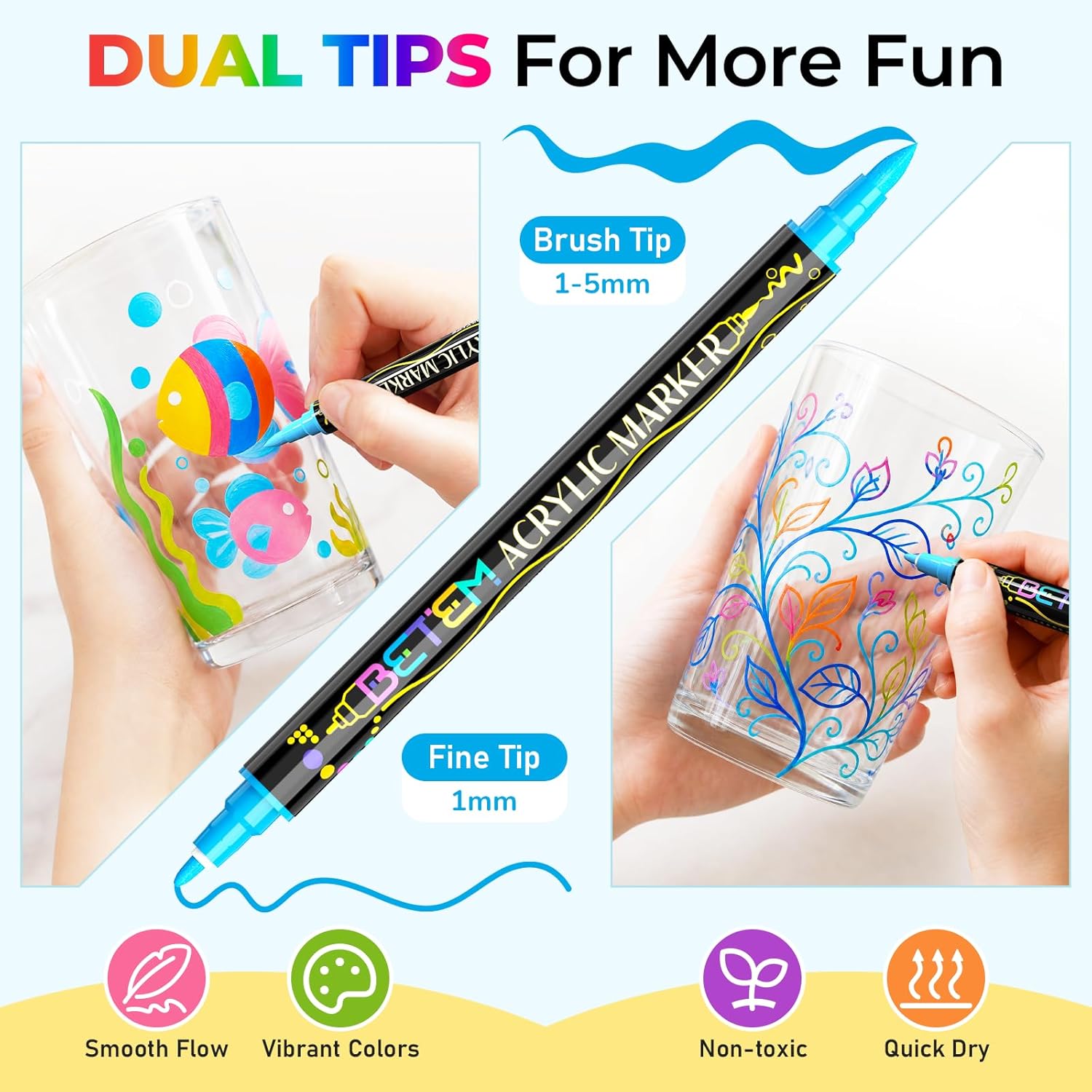Dual Tip Acrylic Paint Pens, 24 Colors Paint Markers for Glass, Window, Fabric, Wood, Rock, Canvas, Acrylic Markers