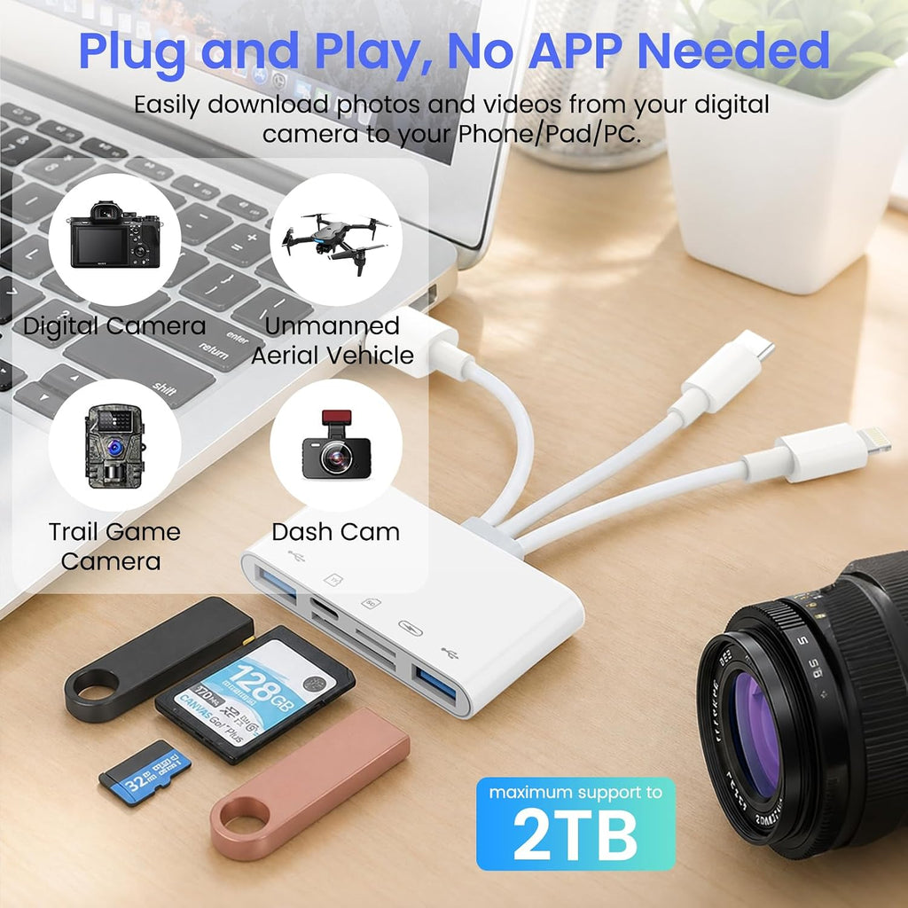 5-in-1 Memory Card Reader, USB OTG Adapter & SD Card Reader for iPhone iPad Mac USB C and USB A Devices with 5 Slots