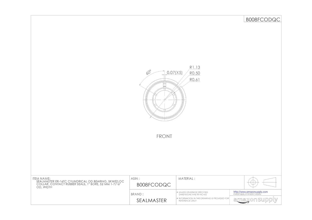 ER-16TC Cylindrical OD Bearing, Skwezloc Collar, Contact Rubber Seals, 1" Bore, 52 mm OD, 1-7/16" Width