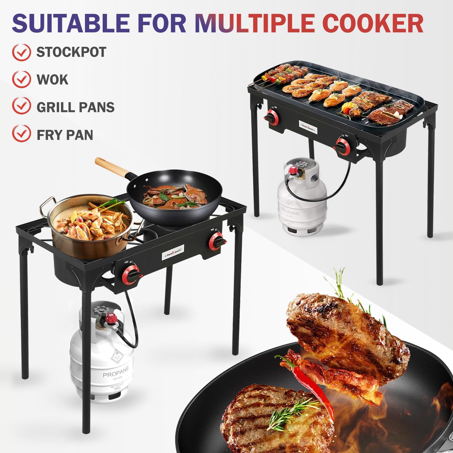 Propane Grill 2 Burner Outdoor Propane Stove Portable Gas Grill High Pressure Camping Stove Double Burner Cooker for