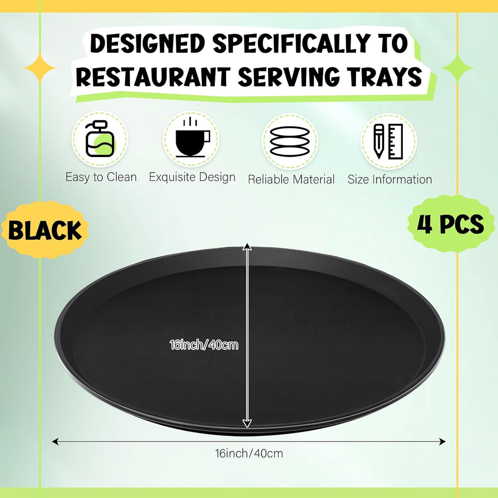 4 Pcs 16 Inch Black Round Serving Trays Plastic Non Slip