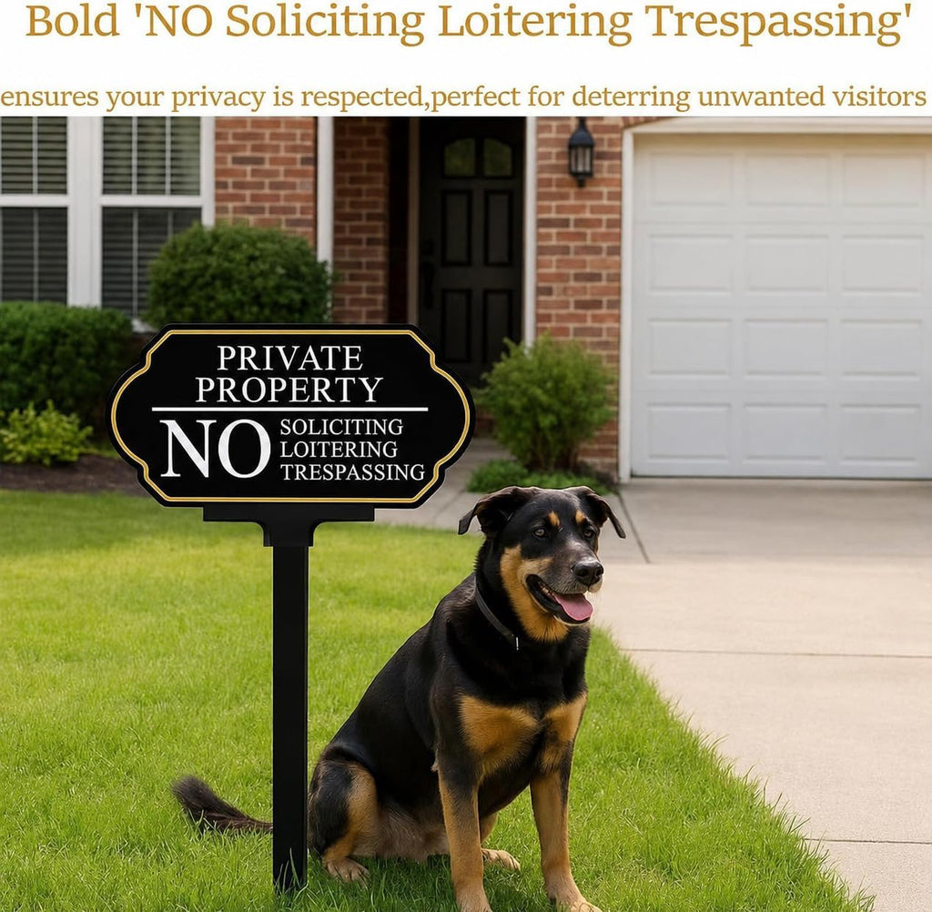 Private Property No Trespassing Sign, 5x10 Inch No Soliciting Yard Sign | Heavy Duty Aluminum No Soliciting Sign with