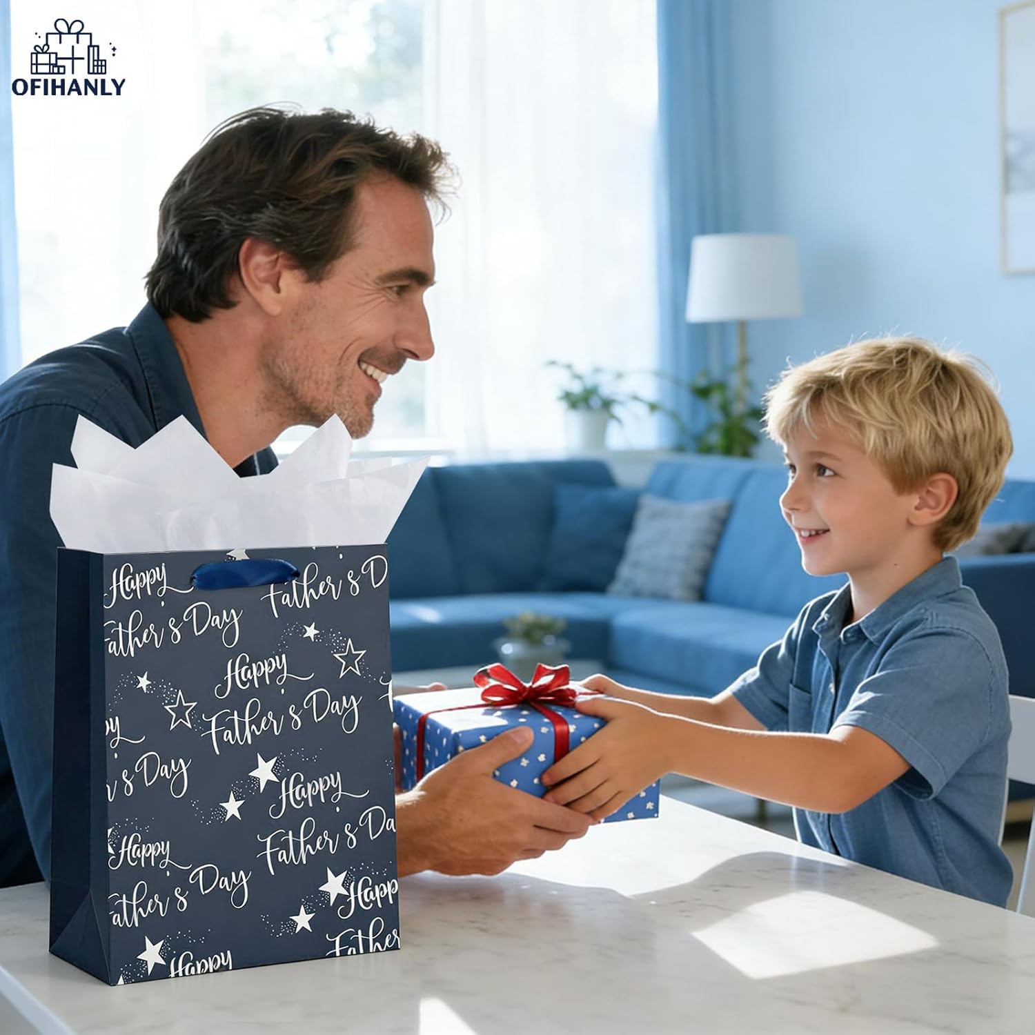 12.6" Medium Size Happy Fathers Day Gift Bag with Handles for New Dad Navy Blue Paper Gift Wrap Bags with Tissue
