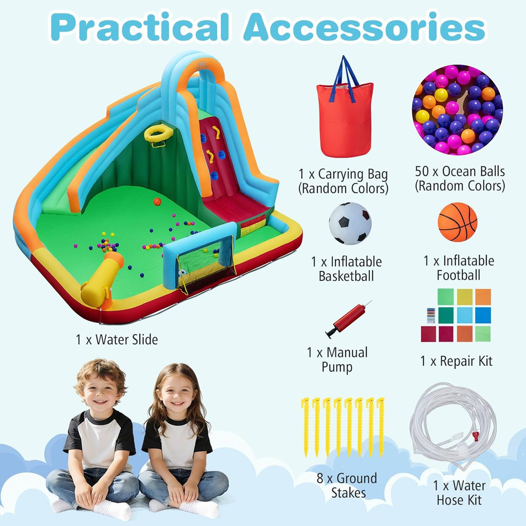Inflatable Water Slide for Kids, 6 in 1 Water Park Bounce Castle for Backyard w/Ocean Balls, Splash Pool, Soccer