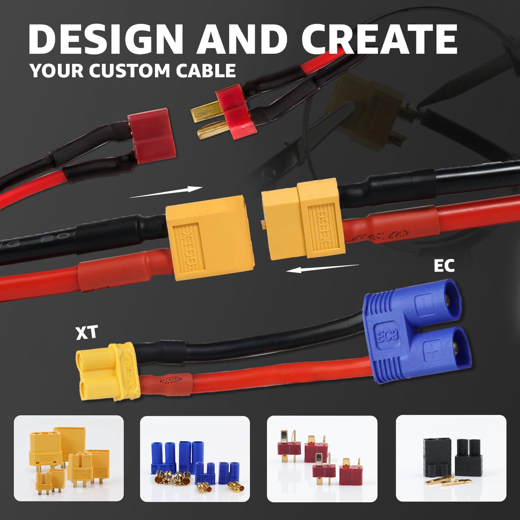 Ledvillage 183pcs T-Plug / XT30 / XT60 / XT90 / EC3 / EC5 / TRX Male & Female Plug Adapter Connectors Kit 14 AWG Silicone Wire and Heat Shrink Tubing for RC Lipo Battery ESC Motor