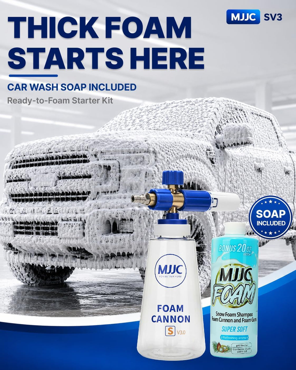 Foam Cannon S V3.0 (Thicker Snow Foam Technology) with 1/4 Inch Quick Connector for Pressure Washer & MJJC Foam