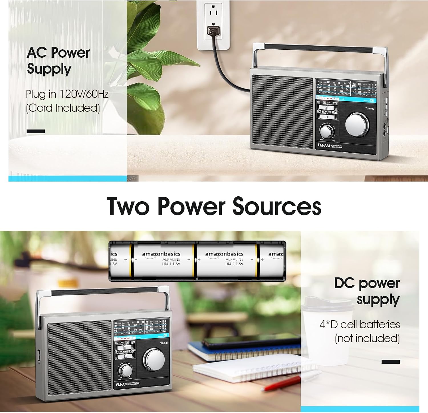 Portable AM FM Radio, Shortwave Transistor Radio with Best Reception, Battery Operated or AC Power Retro with Big