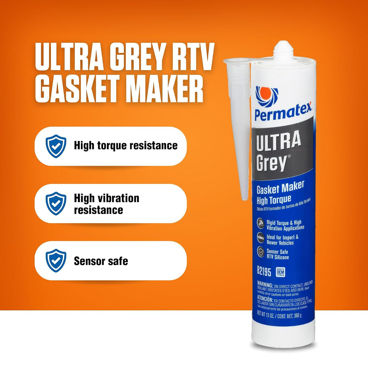 Permatex 82195 Ultra Grey Rigid High-Torque RTV Silicone Gasket Maker, Sensor Safe and Non-Corrosive, for High Torque and Vibration Resistant Applications, 13 oz