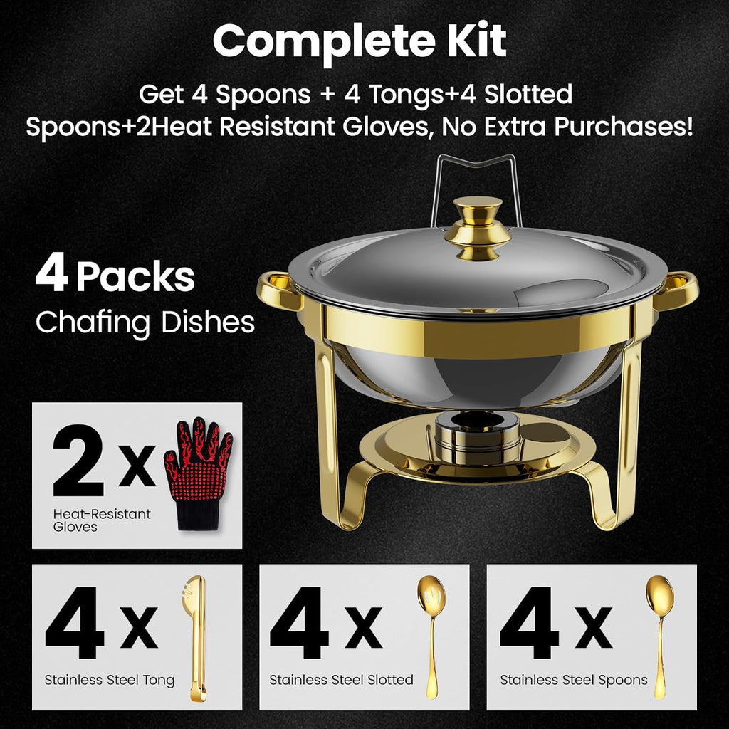 Gold Chafing Dishes for Buffet 4 Pack, 6QT Buffet Servers and Warmers Sets