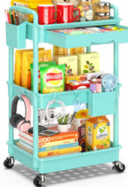 3 Tier Rolling Cart with Drawer, Craft Storage Cart Organizer, Blue