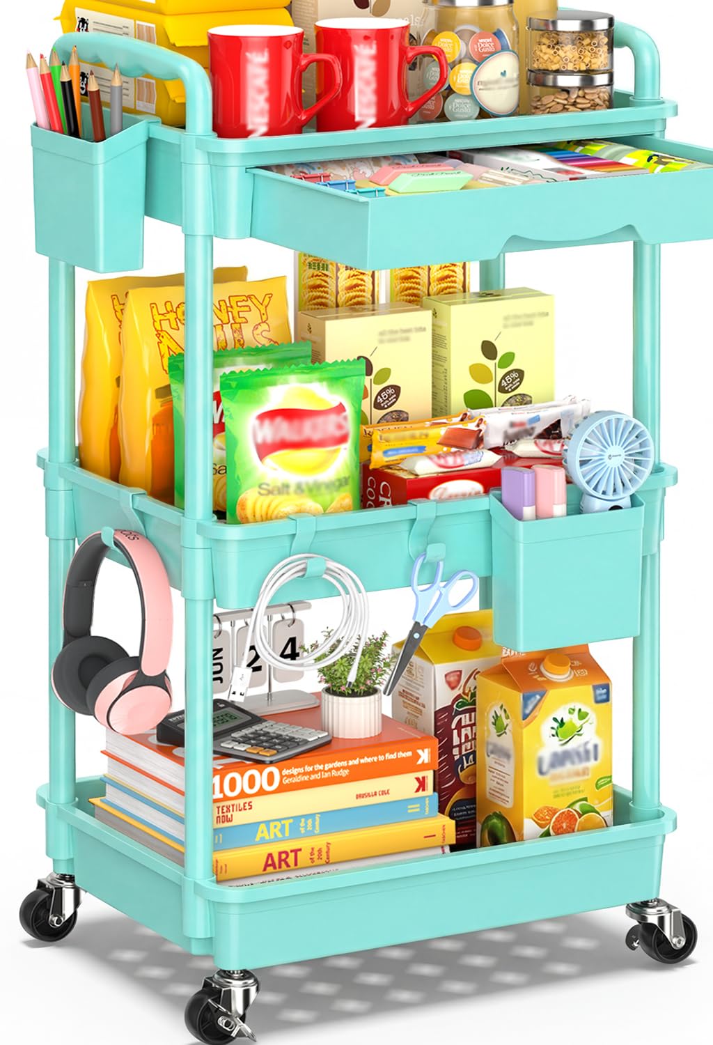 3 Tier Rolling Cart with Drawer, Craft Storage Cart Organizer, Blue