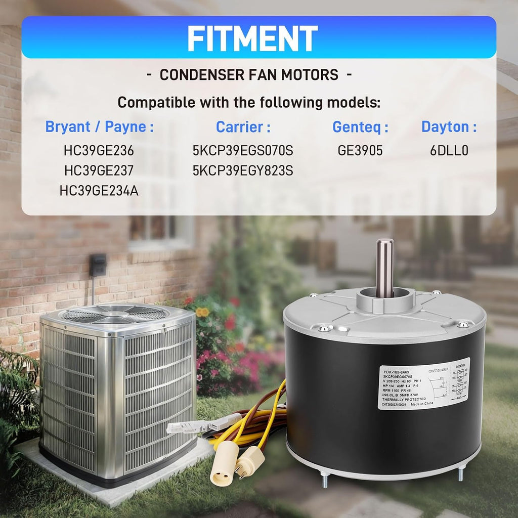 Condenser Fan Motor with Capacitor 208-230V 1/4 Hp 1100 RPM 48Frame | Compatible with Carrier 5KCP39EGS070S