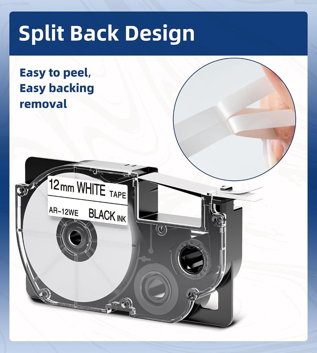 Replacement for Casio XR-12WE 12mm (1/2") Black on White Label Maker Tape | Compatible with Casio EZ Label Printers