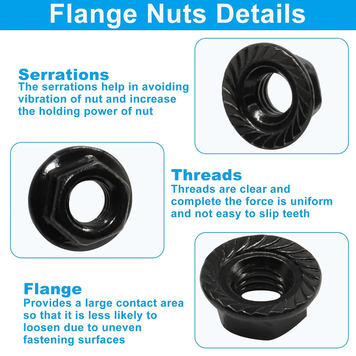 M5/0.8mm Serrated Flange Hex Nuts, Black, 50Pcs