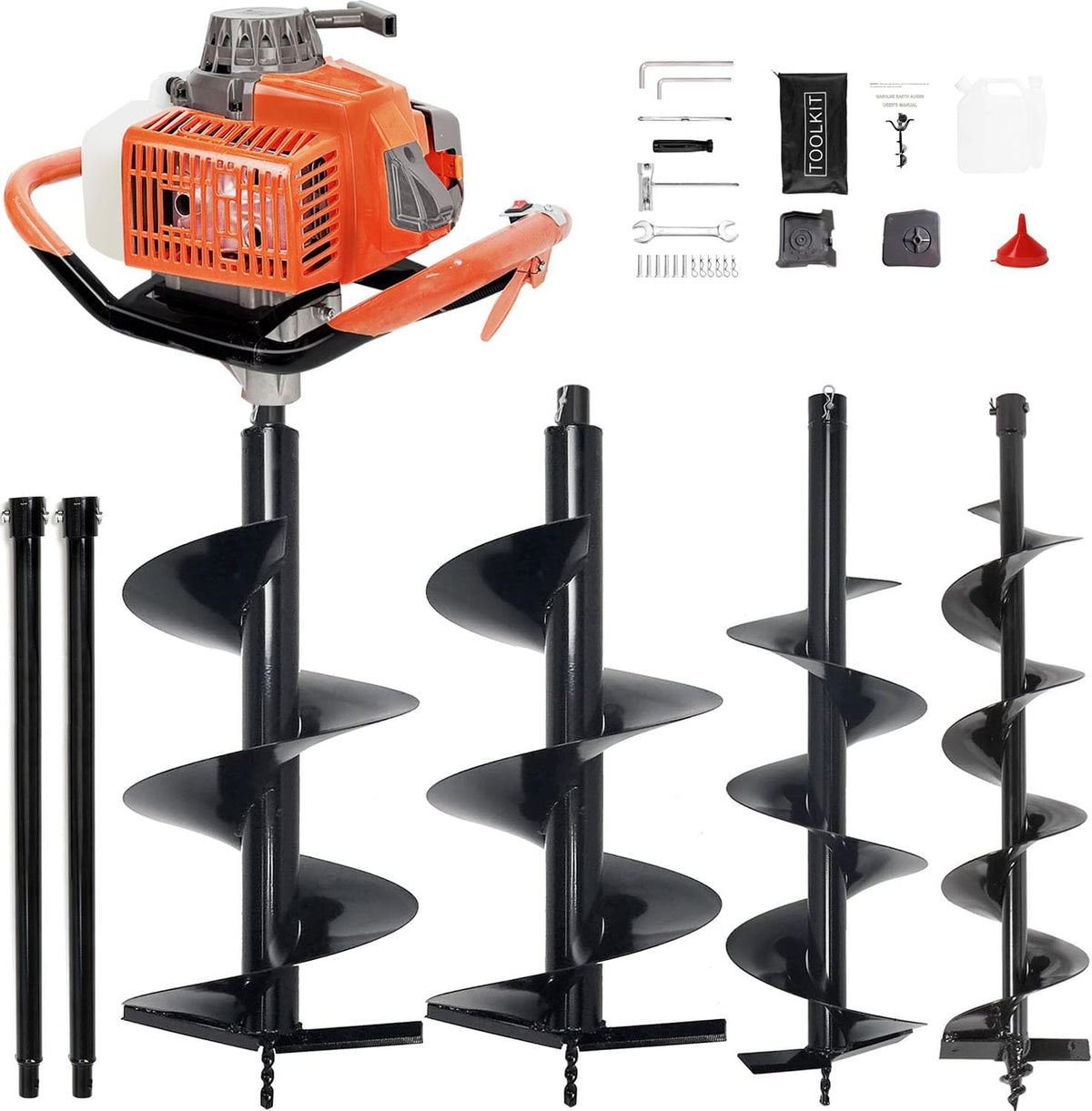 72CC Auger Post Hole Digger Gas Powered w/ 3 Bit & 2 Rods | 4" & 8" & 12" Auger Bits + 24" & 24" Extension Rod, Heavy