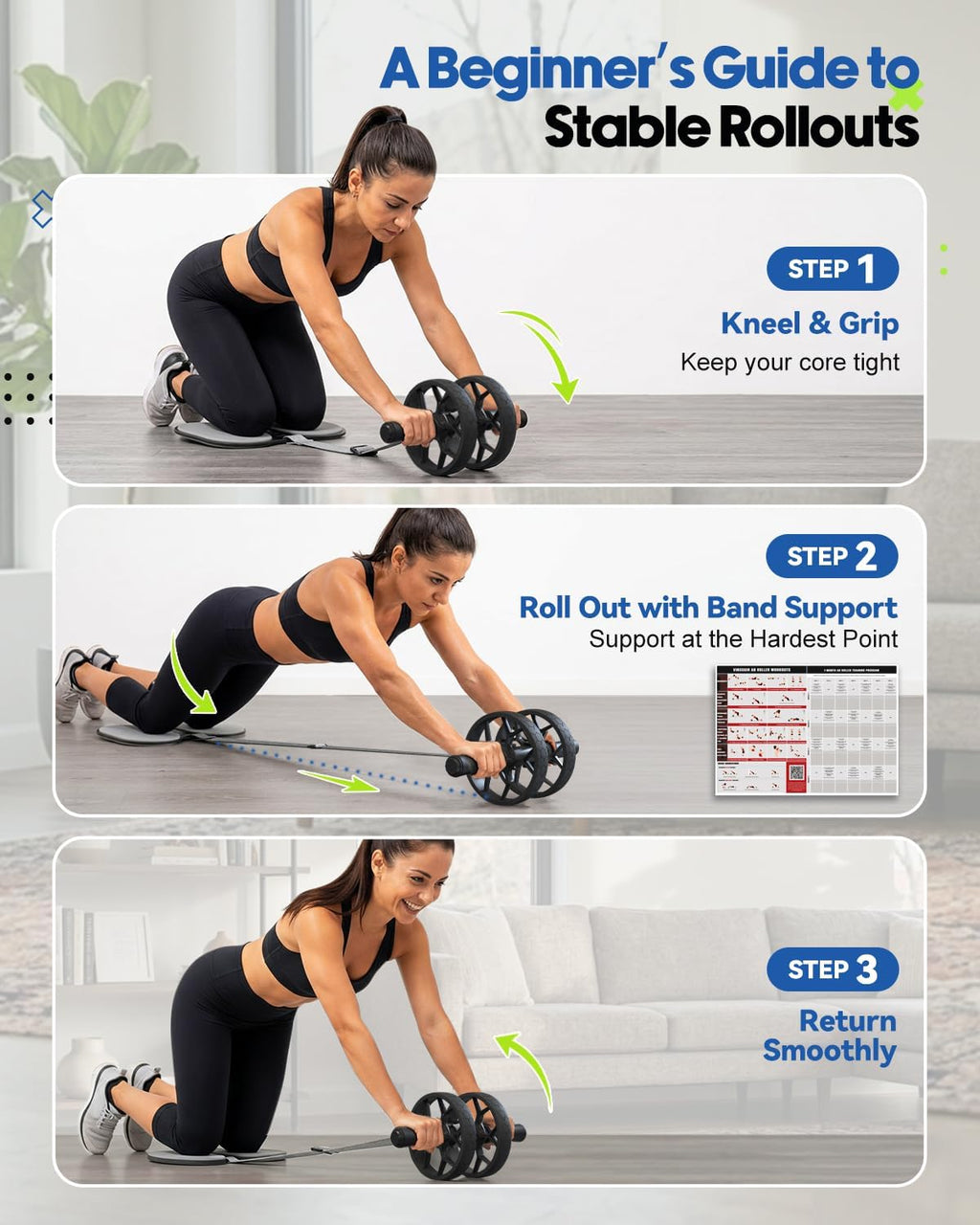 Ab Roller Wheel for Beginners to Pros, Ab Roller with Adjustable & Detachable Resistance Band, Core Workout Equipment