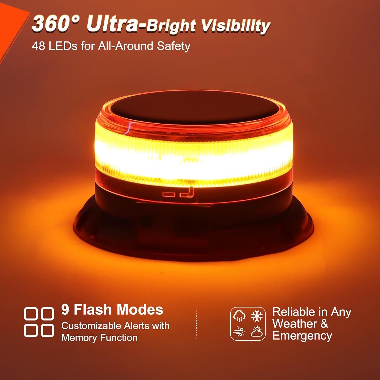 Solar Strobe Beacon Light, Amber Emergency Warning Light, Magnetic | Rechargeable 360° Flashing with 9 Modes and