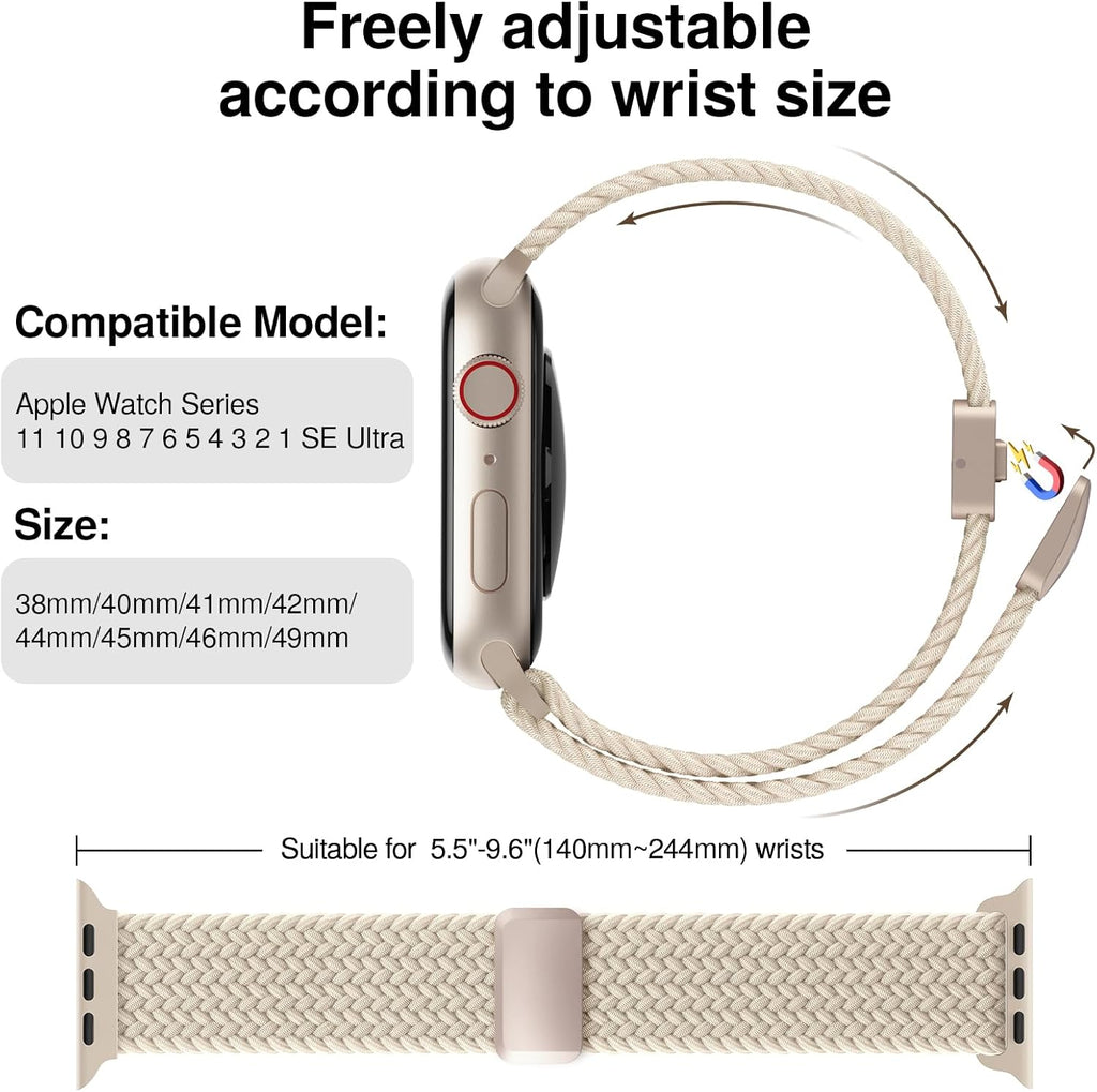 Braided Stretchy Magnetic Band Compatible with Apple Watch Bands Women Men | Soft Nylon Solo Loop 38mm 40mm 41mm 42mm